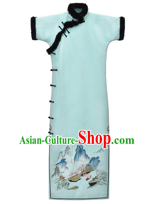 China Traditional Young Lady Light Blue Cheongsam National Winter Long Qipao Dress Clothing