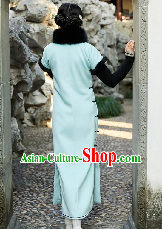China Traditional Young Lady Light Blue Cheongsam National Winter Long Qipao Dress Clothing