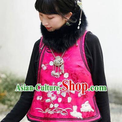 Chinese Traditional Embroidered Lambswool Vest Costume National Women Tang Suit Rosy Silk Waistcoat