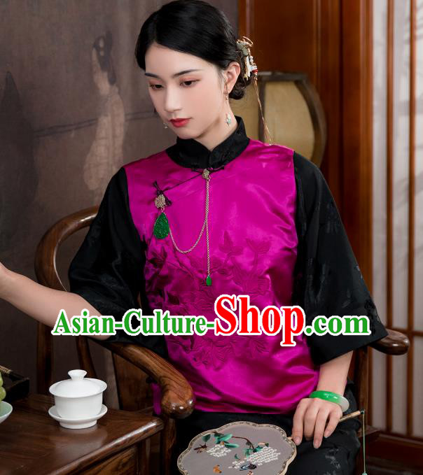 Chinese Traditional Embroidered Rosy Silk Vest Costume National Women Tang Suit Waistcoat Chinese Traditional Embroidered Rosy Silk Vest Costume National Women Tang Suit Waistcoat