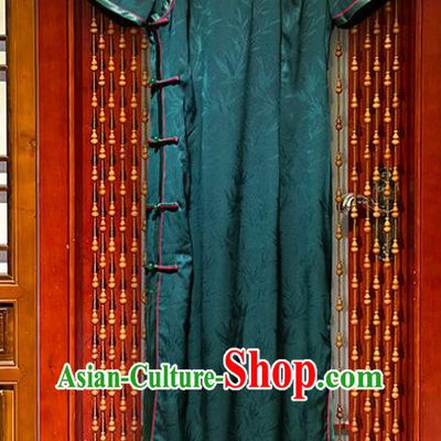 Chinese Classical Jacquard Bamboo Leaf Deep Green Silk Qipao Dress National Young Lady Cheongsam Costume