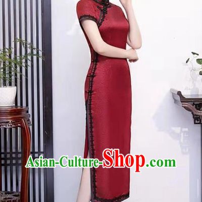 Chinese Stage Show Red Silk Qipao Dress National Young Woman Cheongsam Party Clothing