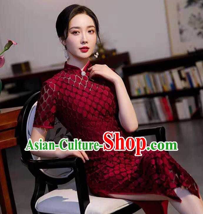 Chinese Modern Wine Red Cheongsam Traditional Wedding Bride Qipao Dress Clothing Chinese Modern Wine Red Cheongsam Traditional Wedding Bride Qipao Dress Clothing
