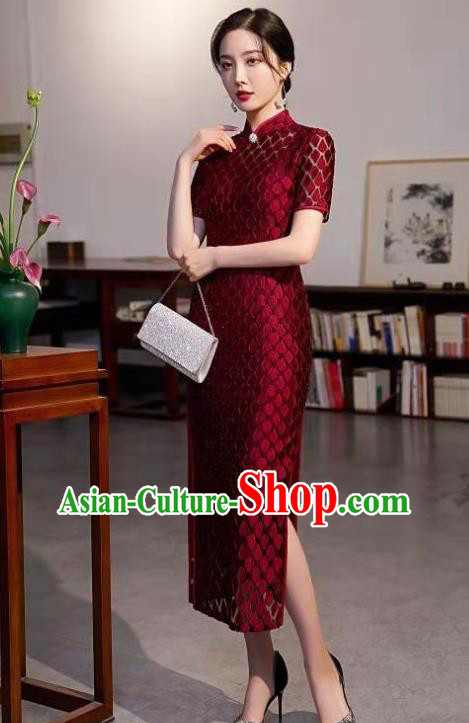 Chinese Modern Wine Red Cheongsam Traditional Wedding Bride Qipao Dress Clothing Chinese Modern Wine Red Cheongsam Traditional Wedding Bride Qipao Dress Clothing