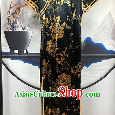 Chinese National Compere Cheongsam Dress Classical Dance Clothing Traditional Printing Peony Black Silk Qipao
