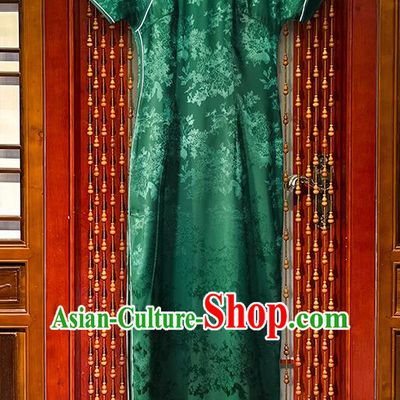 Chinese National Green Brocade Cheongsam Dress Classical Dance Clothing Traditional Jacquard Silk Qipao