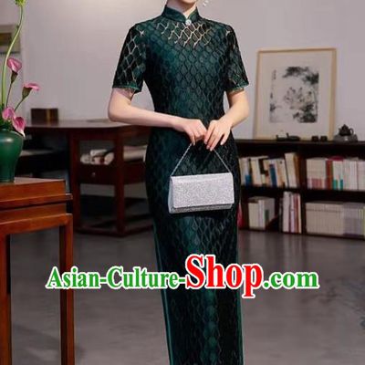 Chinese Traditional Compere Qipao Dress Clothing Modern Deep Green Cheongsam