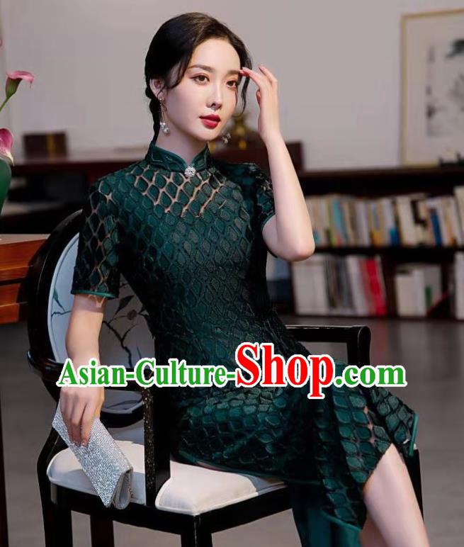 Chinese Traditional Compere Qipao Dress Clothing Modern Deep Green Cheongsam Chinese Traditional Compere Qipao Dress Clothing Modern Deep Green Cheongsam
