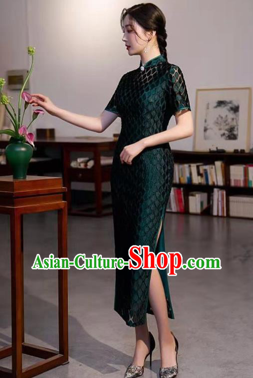 Chinese Traditional Compere Qipao Dress Clothing Modern Deep Green Cheongsam Chinese Traditional Compere Qipao Dress Clothing Modern Deep Green Cheongsam