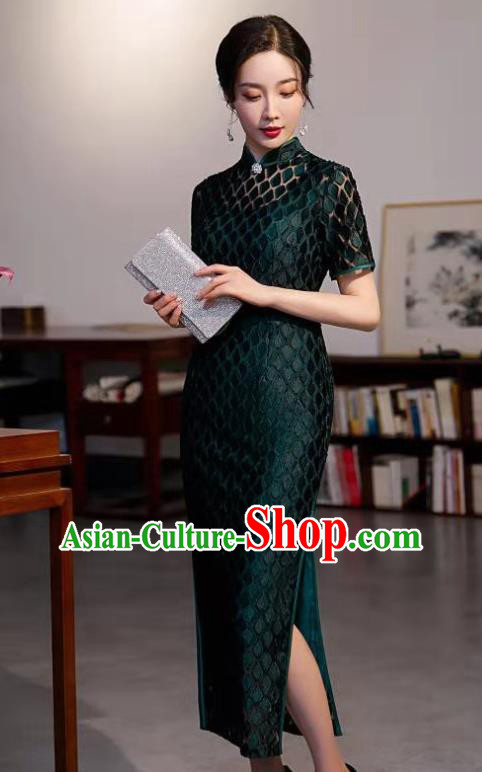Chinese Traditional Compere Qipao Dress Clothing Modern Deep Green Cheongsam Chinese Traditional Compere Qipao Dress Clothing Modern Deep Green Cheongsam