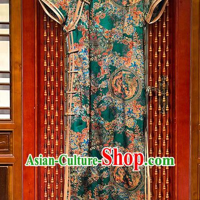 Chinese Stand Collar Qipao Dress Clothing National Woman Clothing Traditional Printing Dragon Phoenix Green Cheongsam