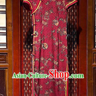 Chinese Classical Fan Dance Clothing Traditional Printing Red Silk Cheongsam Stand Collar Long Qipao Dress