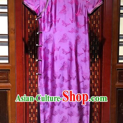 Republic of China Silk Cheongsam Traditional Butterfly Pattern Purple Qipao Dress Clothing