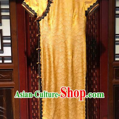 Republic of China Young Beauty Golden Silk Cheongsam Clothing Traditional Ginkgo Leaf Pattern Qipao Dress