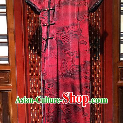 China Traditional Wedding Red Silk Cheongsam Clothing Traditional Bride Toast Qipao Dress