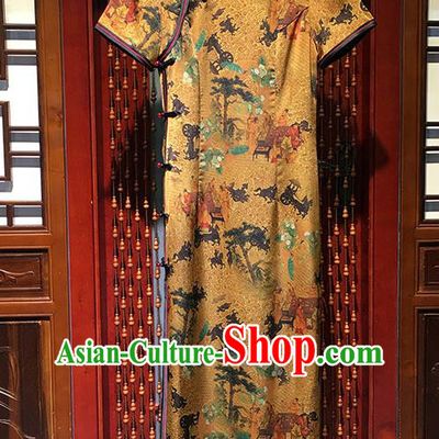 China Classical Yellow Silk Qipao Dress Traditional Fan Dance Long Cheongsam Stage Performance Clothing