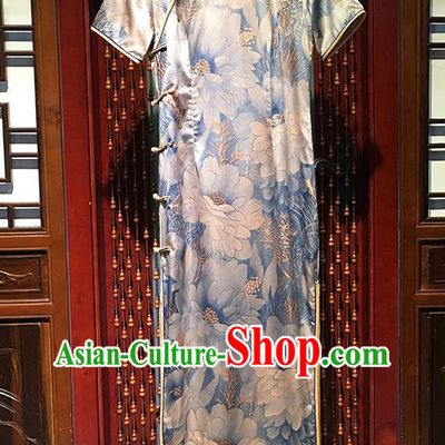 China Traditional Printing Peony Light Blue Cheongsam National Qipao Dress Classical Palace Fan Dance Clothing