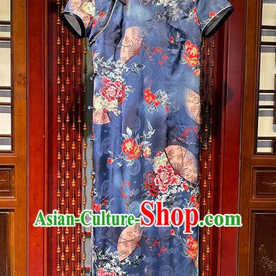 Chinese Traditional Printing Peony Fan Cheongsam Stand Collar Qipao Dress National Navy Silk Clothing
