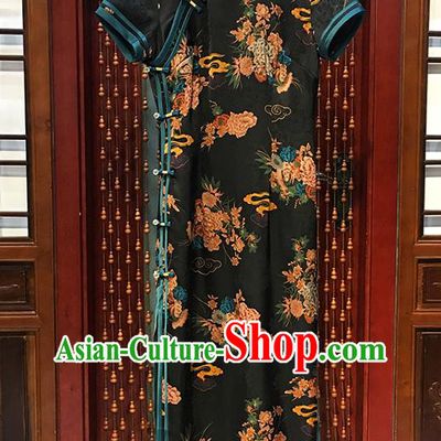 China Traditional Printing Peony Cheongsam National Black Silk Qipao Dress Classical Palace Fan Show Clothing