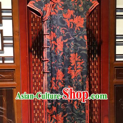 China Classical Dance Clothing Traditional Long Cheongsam National Printing Orange Flowers Qipao Dress