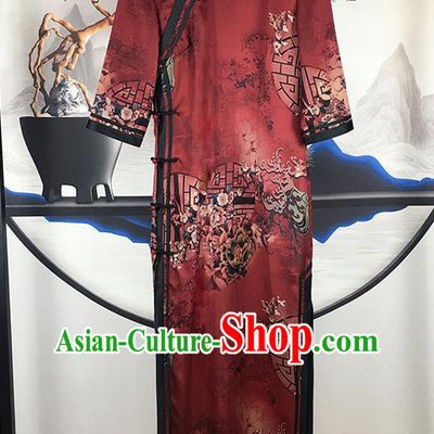 China Classical Dance Clothing Traditional Stage Performance Cheongsam National Dark Red Satin Qipao Dress