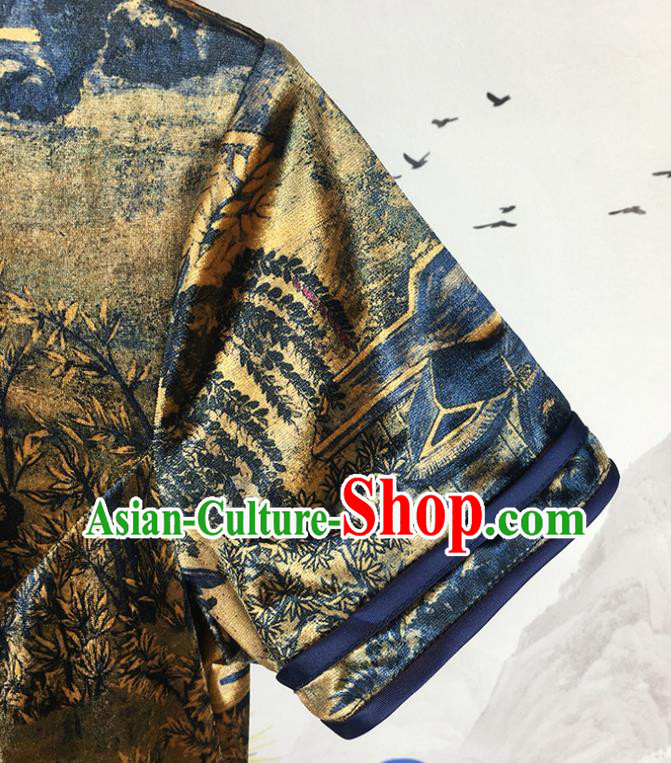 China Traditional Retro Cheongsam National Printing Navy Silk Qipao Dress Shanghai Young Lady Clothing China Traditional Retro Cheongsam National Printing Navy Silk Qipao Dress Shanghai Young Lady Clothing
