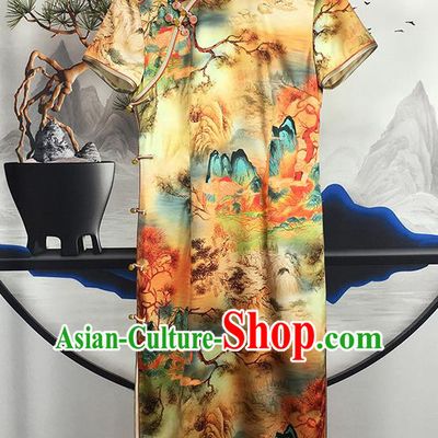 China Traditional Landscape Painting Yellow Silk Cheongsam National Qipao Dress Classical Dance Clothing