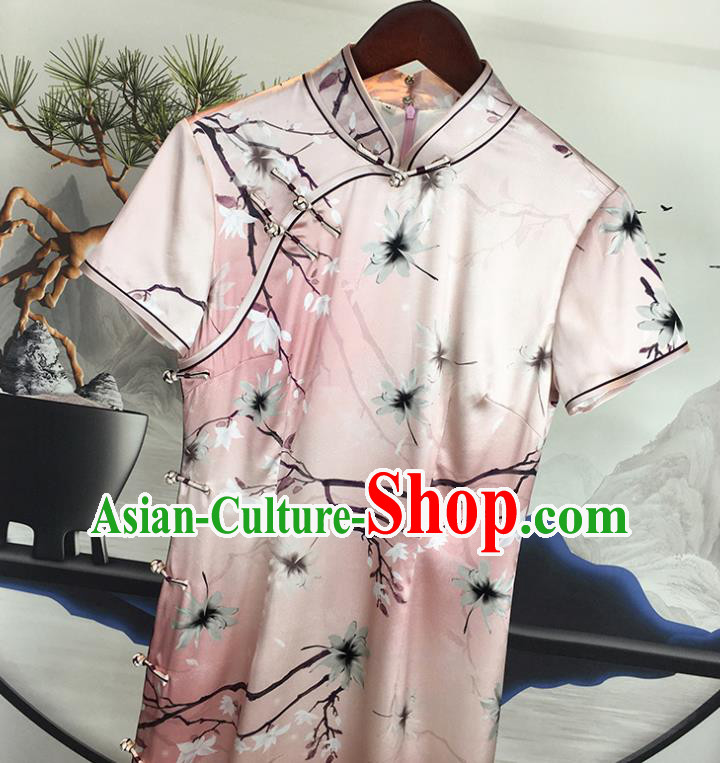 China National Pink Silk Qipao Dress Classical Dance Clothing Traditional Printing Short Cheongsam China National Pink Silk Qipao Dress Classical Dance Clothing Traditional Printing Short Cheongsam