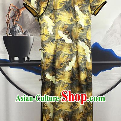 China National Printing Cranes Silk Qipao Dress Classical Young Beauty Clothing Traditional Short Cheongsam
