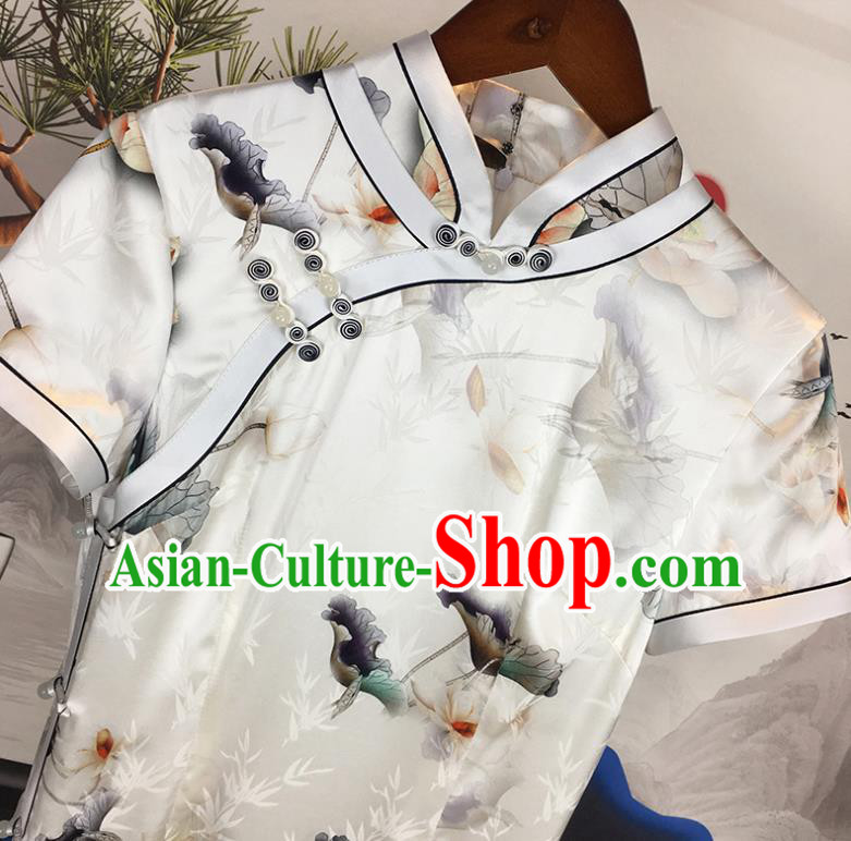 China National Young Woman Clothing Classical White Silk Qipao Dress Traditional Printing Lotus Cheongsam China National Young Woman Clothing Classical White Silk Qipao Dress Traditional Printing Lotus Cheongsam