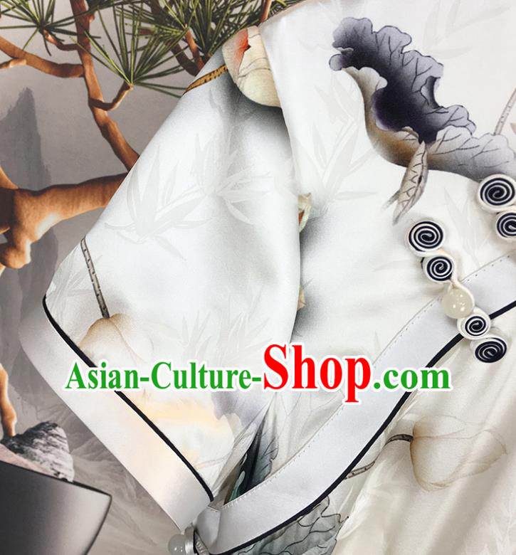 China National Young Woman Clothing Classical White Silk Qipao Dress Traditional Printing Lotus Cheongsam China National Young Woman Clothing Classical White Silk Qipao Dress Traditional Printing Lotus Cheongsam