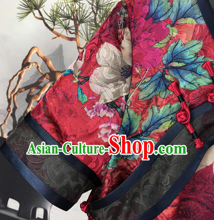 China Traditional Red Gambiered Guangdong Gauze Cheongsam National Printing Peony Silk Qipao Dress Clothing China Traditional Red Gambiered Guangdong Gauze Cheongsam National Printing Peony Silk Qipao Dress Clothing