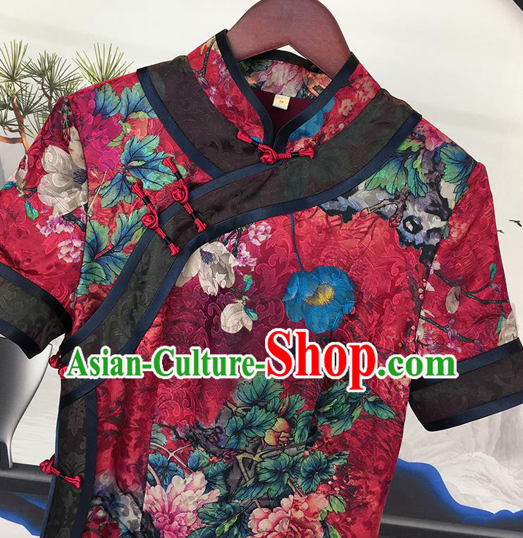 China Traditional Red Gambiered Guangdong Gauze Cheongsam National Printing Peony Silk Qipao Dress Clothing China Traditional Red Gambiered Guangdong Gauze Cheongsam National Printing Peony Silk Qipao Dress Clothing
