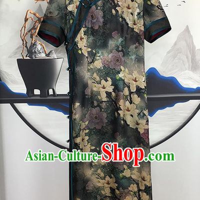 China National Printing Mangnolia Silk Qipao Dress Clothing Traditional Gambiered Guangdong Gauze Cheongsam
