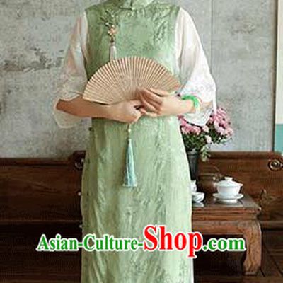 China National Young Lady Wide Sleeve Qipao Dress Clothing Traditional Light Green Cheongsam