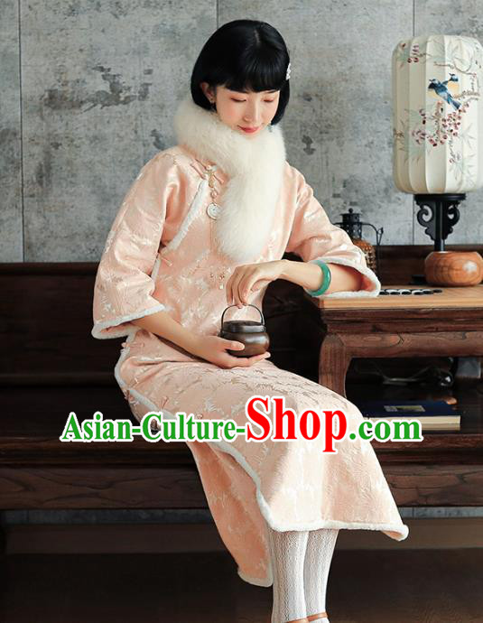 China National Young Beauty Qipao Dress Clothing Traditional Winter Pink Long Cheongsam China National Young Beauty Qipao Dress Clothing Traditional Winter Pink Long Cheongsam