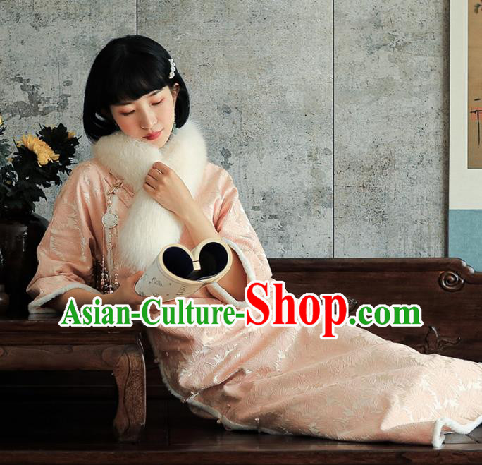 China National Young Beauty Qipao Dress Clothing Traditional Winter Pink Long Cheongsam China National Young Beauty Qipao Dress Clothing Traditional Winter Pink Long Cheongsam