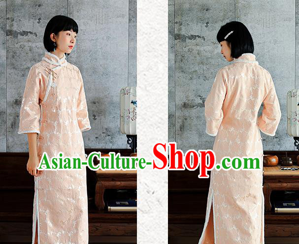 China National Young Beauty Qipao Dress Clothing Traditional Winter Pink Long Cheongsam China National Young Beauty Qipao Dress Clothing Traditional Winter Pink Long Cheongsam