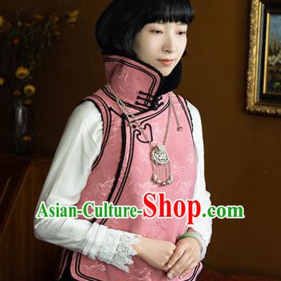 Chinese Traditional Pink Silk Vest Costume National Stand Collar Waistcoat