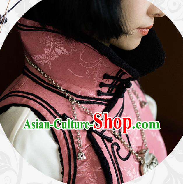 Chinese Traditional Pink Silk Vest Costume National Stand Collar Waistcoat Chinese Traditional Pink Silk Vest Costume National Stand Collar Waistcoat