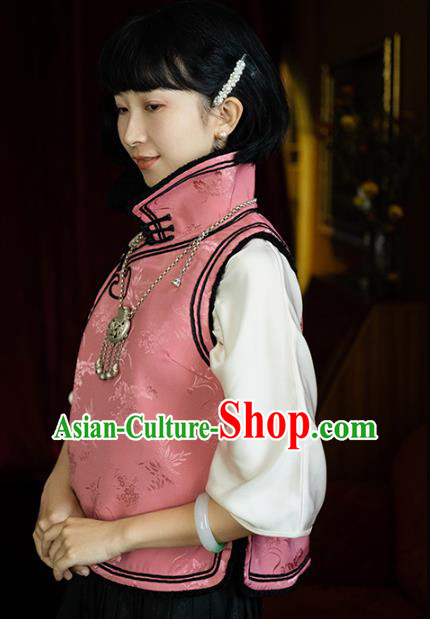 Chinese Traditional Pink Silk Vest Costume National Stand Collar Waistcoat Chinese Traditional Pink Silk Vest Costume National Stand Collar Waistcoat