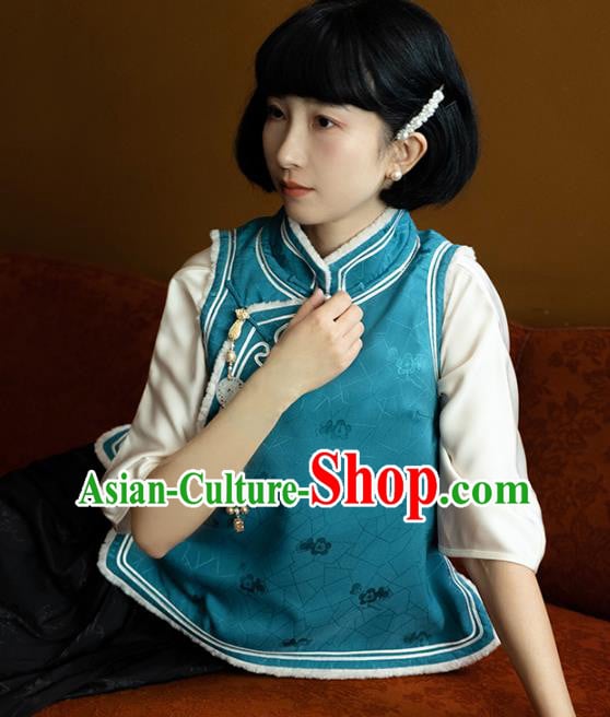 Chinese Traditional Blue Silk Vest Costume National Stand Collar Lambswool Waistcoat Chinese Traditional Blue Silk Vest Costume National Stand Collar Lambswool Waistcoat