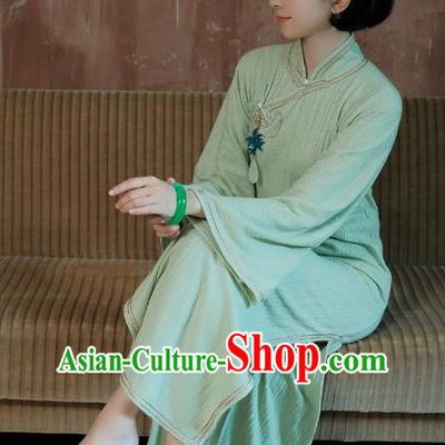 China National Young Lady Knitting Green Qipao Dress Clothing Traditional Mandarin Sleeve Cheongsam