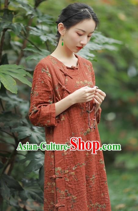 China National Printing Red Flax Qipao Dress Clothing Traditional Young Lady Slant Opening Cheongsam China National Printing Red Flax Qipao Dress Clothing Traditional Young Lady Slant Opening Cheongsam