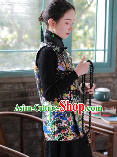 Chinese National Stand Collar Waistcoat Traditional Black Brocade Vest Costume Chinese National Stand Collar Waistcoat Traditional Black Brocade Vest Costume