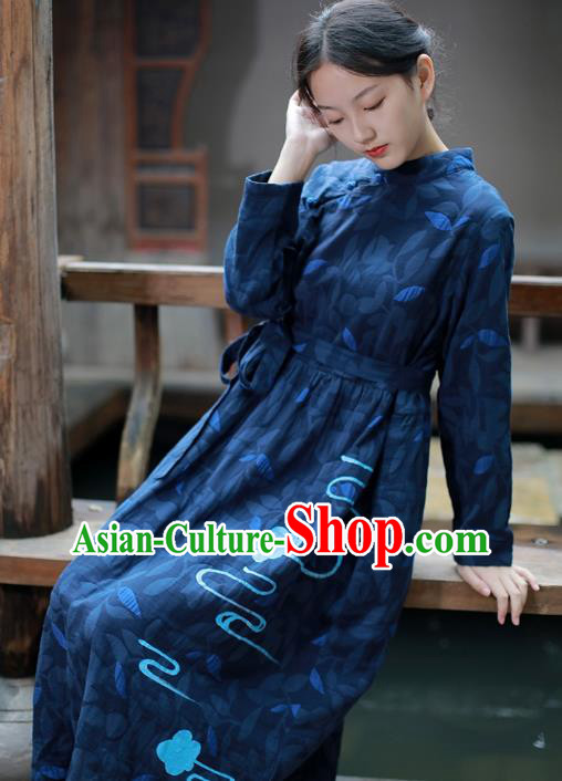 China National Qipao Dress Clothing Traditional Young Lady Hand Painting Navy Flax Cheongsam China National Qipao Dress Clothing Traditional Young Lady Hand Painting Navy Flax Cheongsam