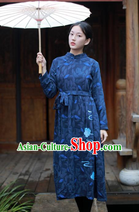 China National Qipao Dress Clothing Traditional Young Lady Hand Painting Navy Flax Cheongsam China National Qipao Dress Clothing Traditional Young Lady Hand Painting Navy Flax Cheongsam