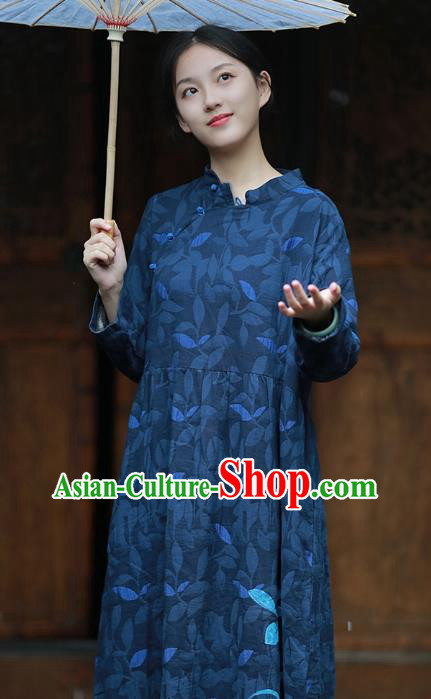 China National Qipao Dress Clothing Traditional Young Lady Hand Painting Navy Flax Cheongsam China National Qipao Dress Clothing Traditional Young Lady Hand Painting Navy Flax Cheongsam