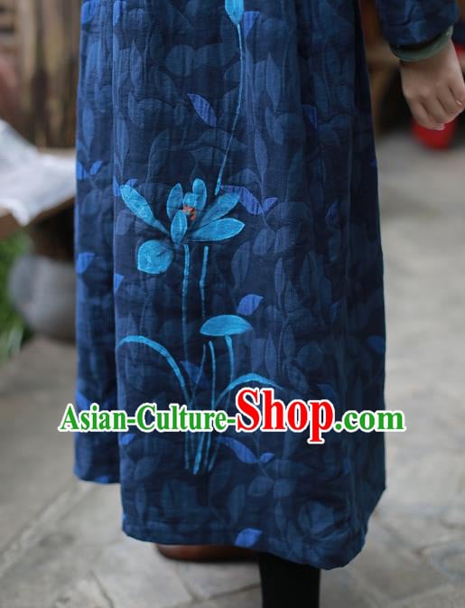 China National Qipao Dress Clothing Traditional Young Lady Hand Painting Navy Flax Cheongsam China National Qipao Dress Clothing Traditional Young Lady Hand Painting Navy Flax Cheongsam