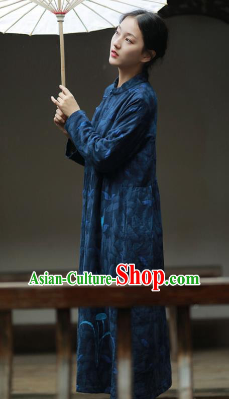 China National Qipao Dress Clothing Traditional Young Lady Hand Painting Navy Flax Cheongsam China National Qipao Dress Clothing Traditional Young Lady Hand Painting Navy Flax Cheongsam